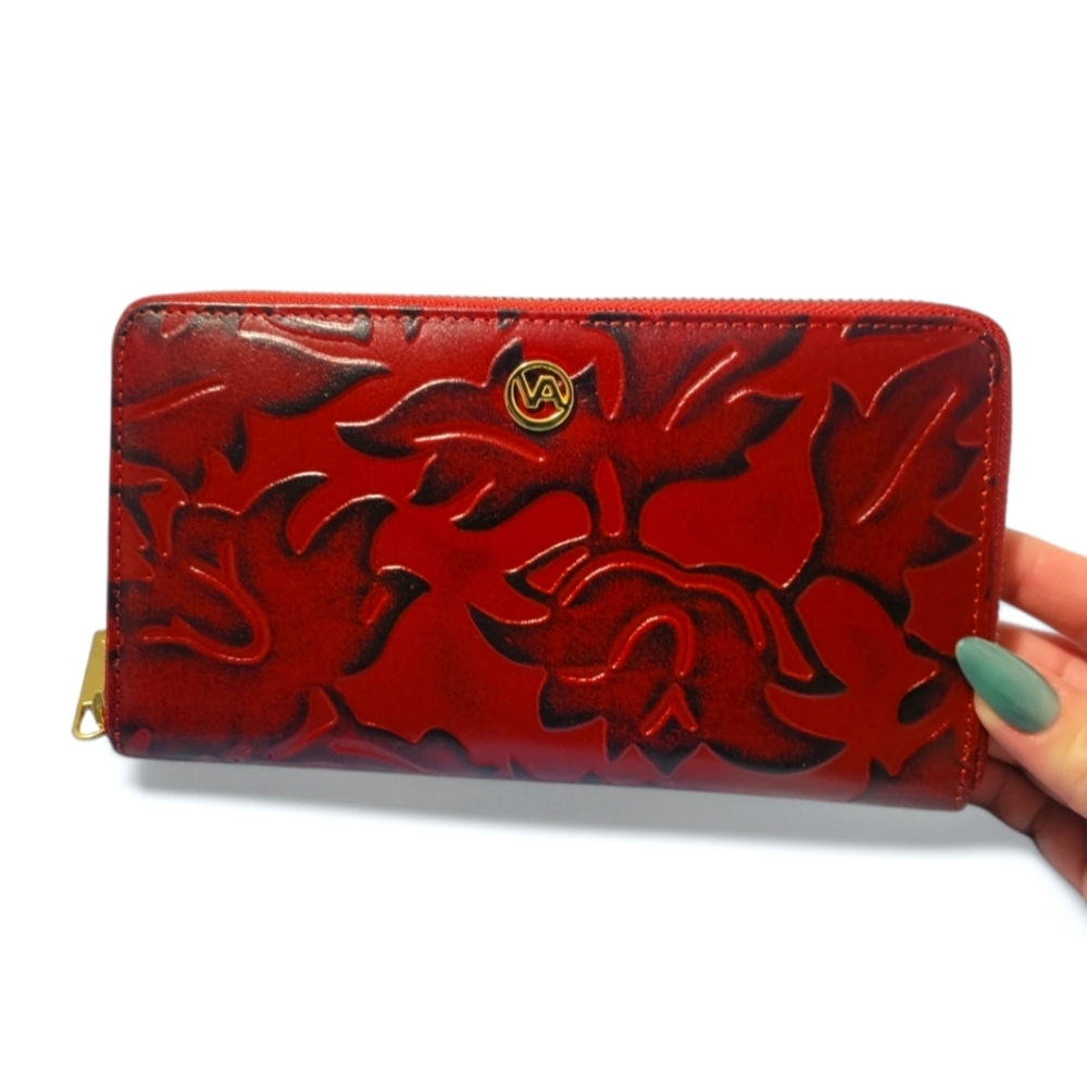 Valentina Italy Embossed Leather Zip Wallet | Color: Red/Bordeaux | NWOT